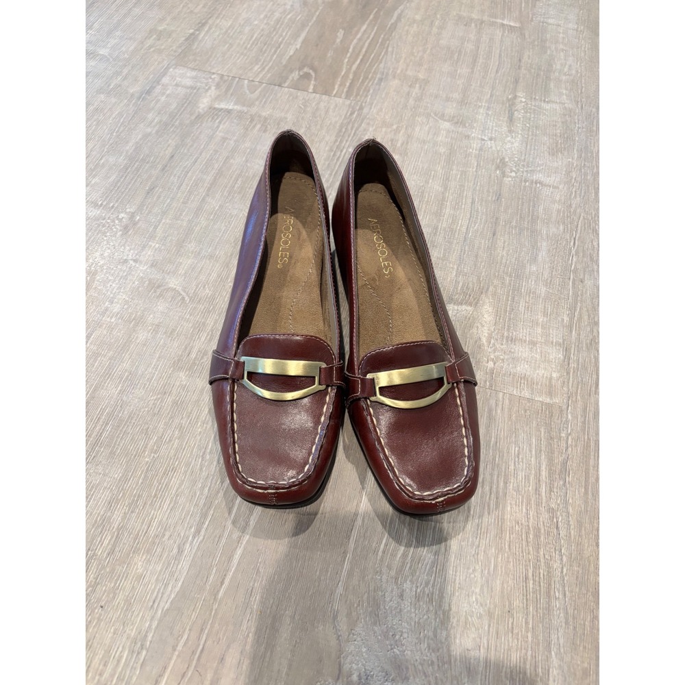 Aerosoles Womens Burgundy Leather Wedge Loafers Gold Hardware Square Toe Sz‎ 8.5
